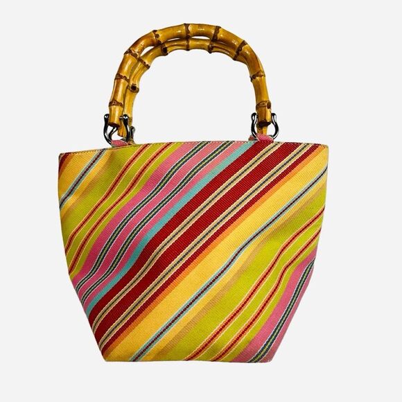 Talbots Striped Canvas Handbag Purse Bamboo Handles Summer Classic - Picture 1 of 10